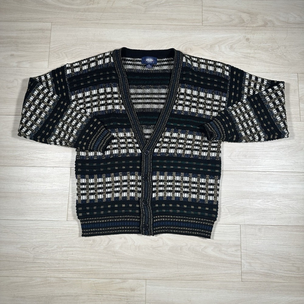 Vintage Cardigan Sweater Men's Large Multicolored Cable Knit Deep Vneck Grandpa